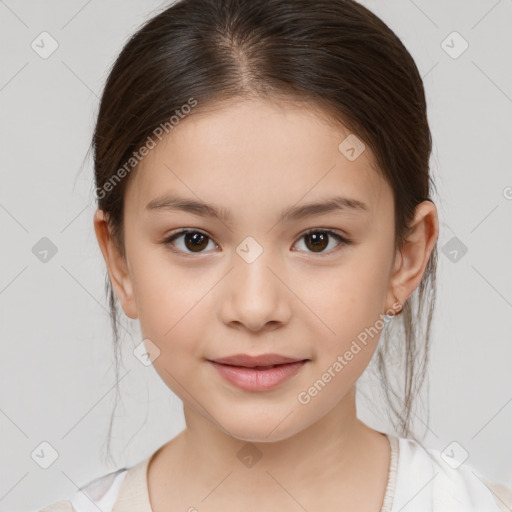 Joyful white child female with medium  brown hair and brown eyes