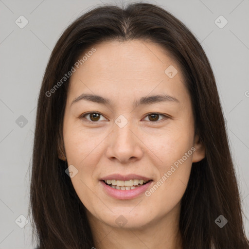 Joyful white young-adult female with long  brown hair and brown eyes