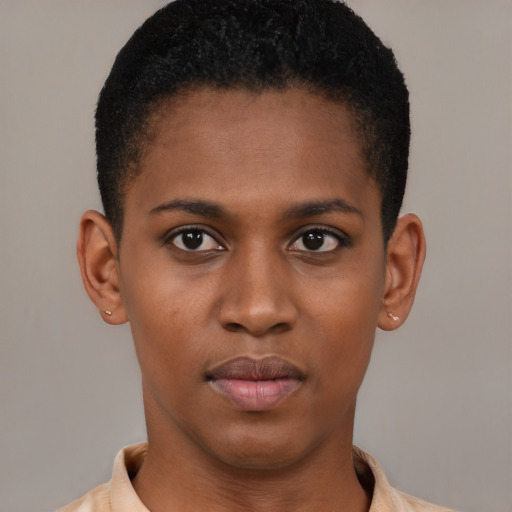Neutral black young-adult female with short  brown hair and brown eyes