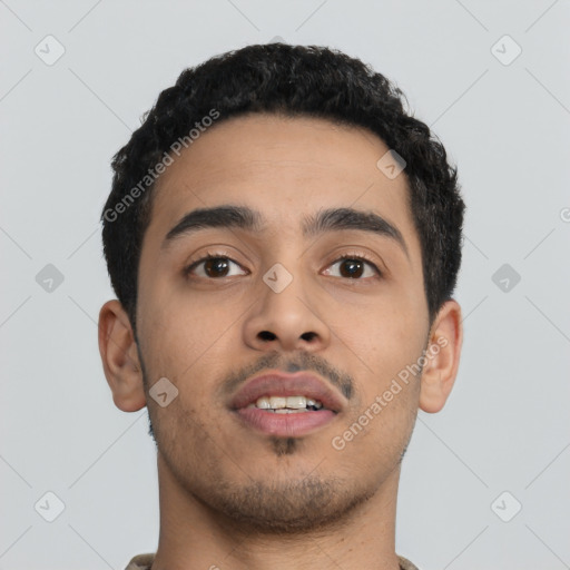 Neutral latino young-adult male with short  black hair and brown eyes