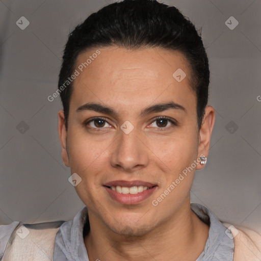 Joyful white young-adult male with short  black hair and brown eyes