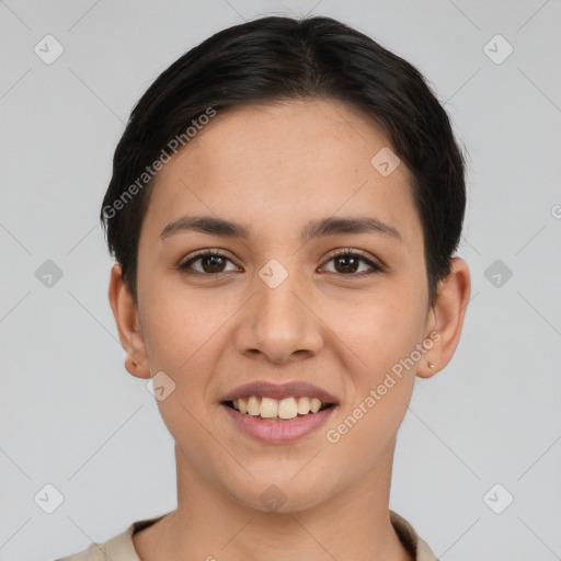 Joyful white young-adult female with short  brown hair and brown eyes