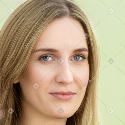 Joyful white young-adult female with long  brown hair and green eyes