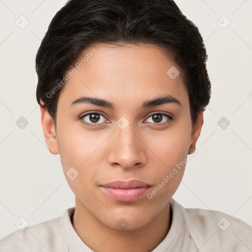 Neutral white young-adult female with short  brown hair and brown eyes