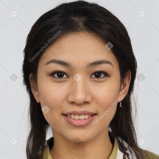 Joyful latino young-adult female with medium  brown hair and brown eyes