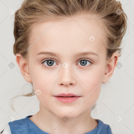 Neutral white child female with medium  brown hair and blue eyes