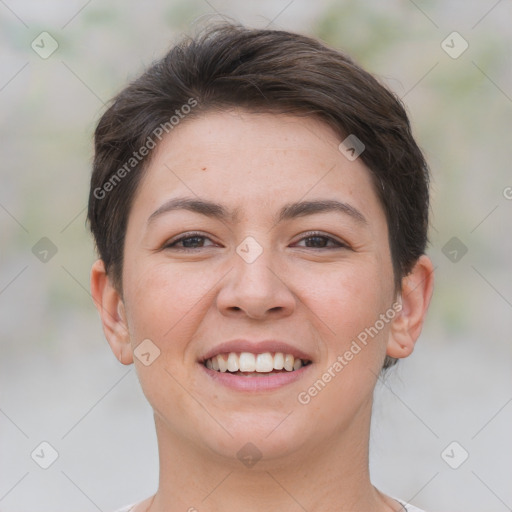 Joyful white young-adult female with short  brown hair and brown eyes