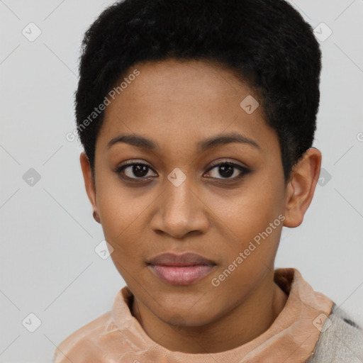 Neutral latino young-adult female with short  black hair and brown eyes