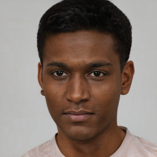 Neutral black young-adult male with short  black hair and brown eyes