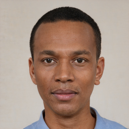 Neutral black young-adult male with short  black hair and brown eyes