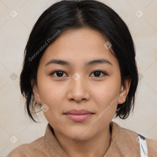 Joyful latino young-adult female with medium  black hair and brown eyes