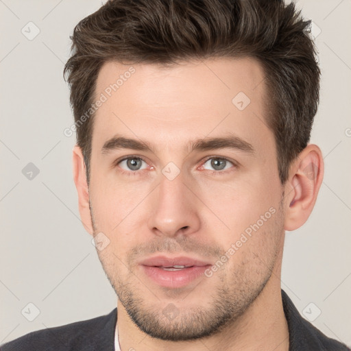 Neutral white young-adult male with short  brown hair and brown eyes