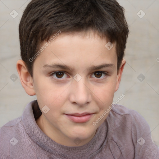 Joyful white child male with short  brown hair and brown eyes