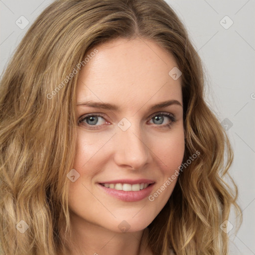 Joyful white young-adult female with long  brown hair and green eyes