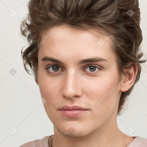 Neutral white young-adult female with short  brown hair and brown eyes