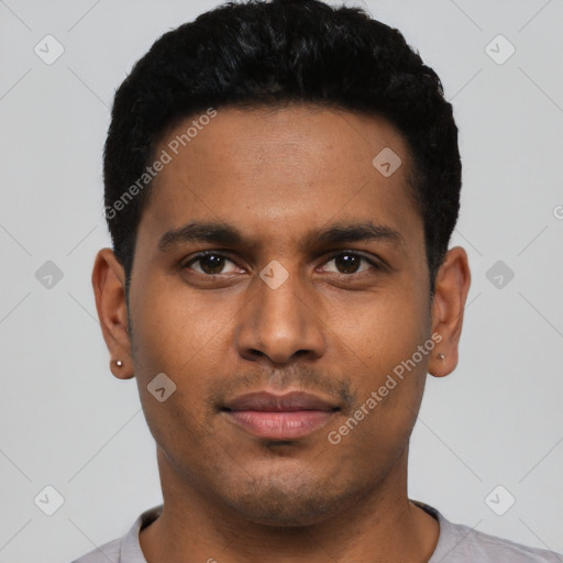 Neutral latino young-adult male with short  black hair and brown eyes