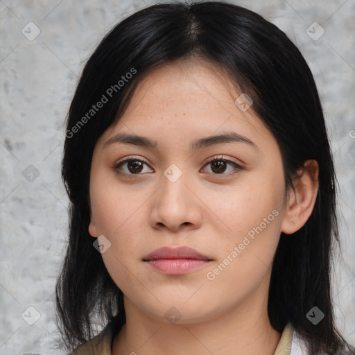 Joyful white young-adult female with medium  black hair and brown eyes