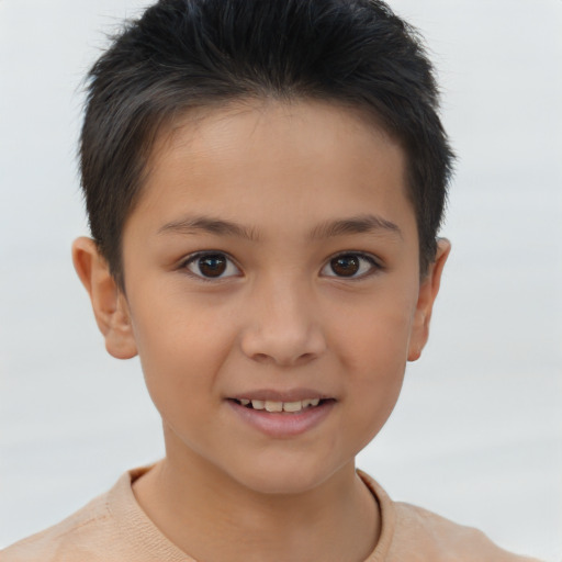Joyful white child female with short  brown hair and brown eyes