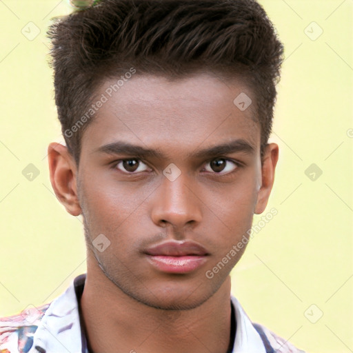 Neutral white young-adult male with short  brown hair and brown eyes