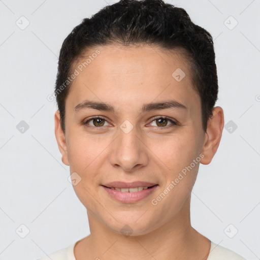 Joyful white young-adult female with short  brown hair and brown eyes