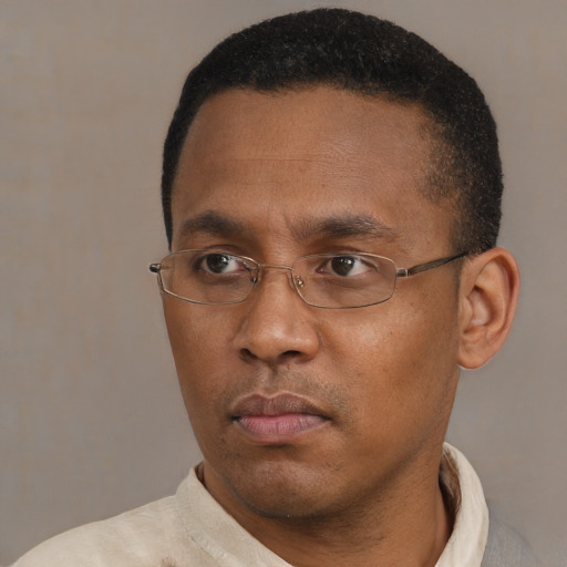 Neutral black adult male with short  brown hair and brown eyes