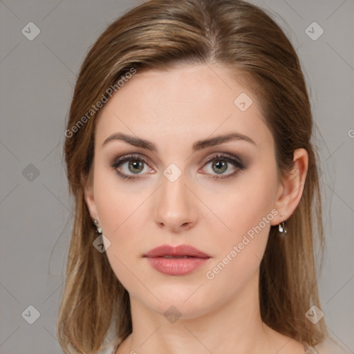 Neutral white young-adult female with medium  brown hair and brown eyes