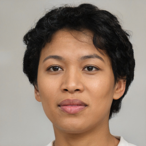 Neutral latino young-adult female with short  black hair and brown eyes