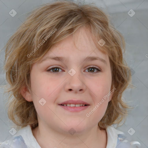 Joyful white child female with medium  brown hair and blue eyes