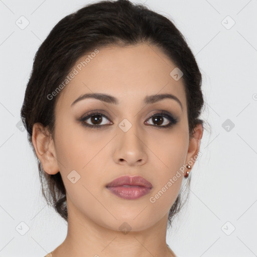 Neutral latino young-adult female with long  brown hair and brown eyes