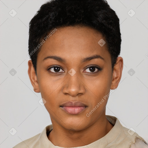 Neutral black young-adult female with short  black hair and brown eyes