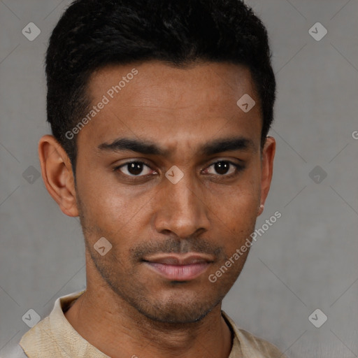 Neutral latino young-adult male with short  black hair and brown eyes