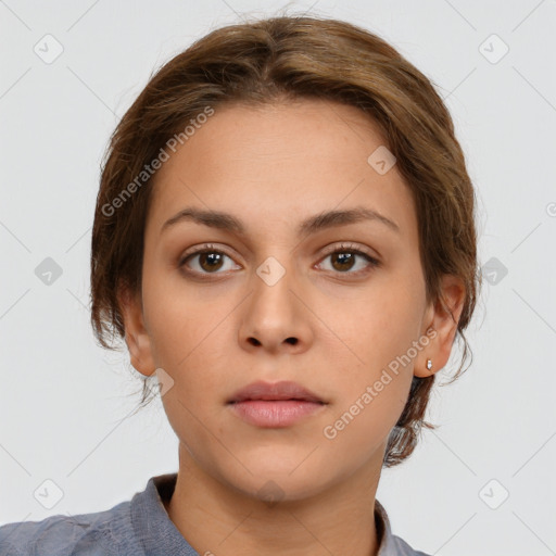 Neutral white young-adult female with medium  brown hair and brown eyes