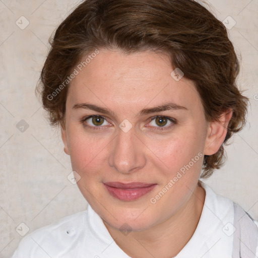 Joyful white young-adult female with medium  brown hair and green eyes