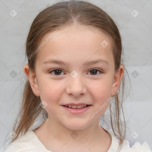 Joyful white child female with medium  brown hair and brown eyes