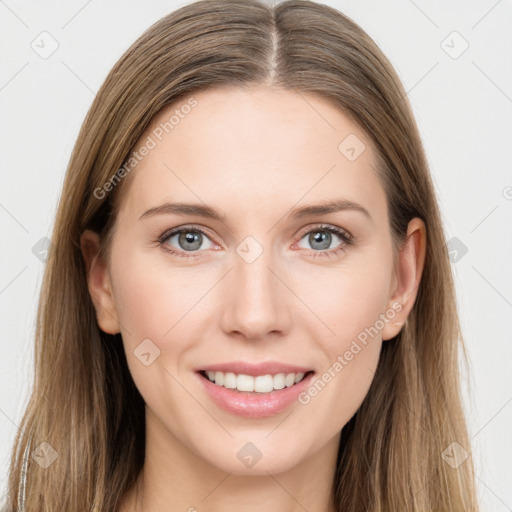 Joyful white young-adult female with long  brown hair and grey eyes