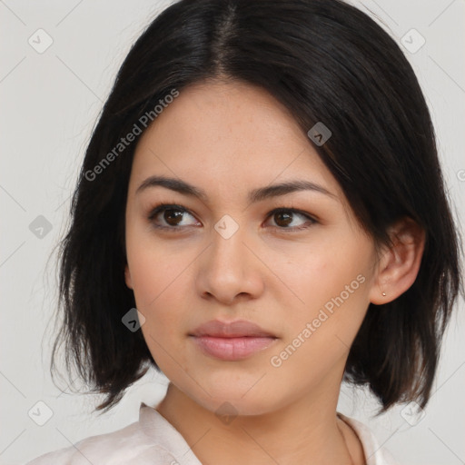 Neutral latino young-adult female with medium  black hair and brown eyes