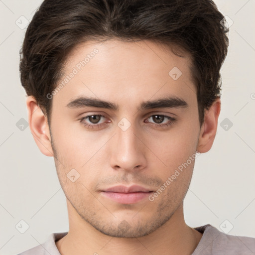 Neutral white young-adult male with short  brown hair and brown eyes