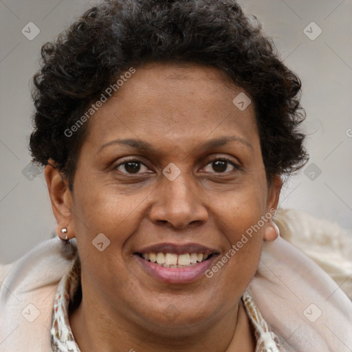 Joyful white adult female with short  brown hair and brown eyes