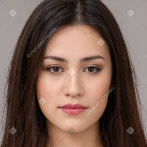 Neutral white young-adult female with long  brown hair and brown eyes