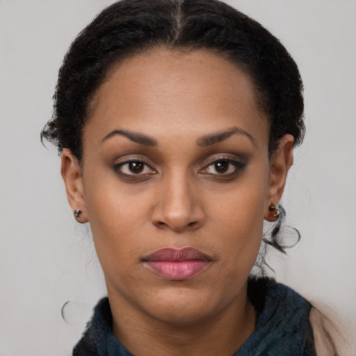 Neutral latino young-adult female with long  black hair and brown eyes