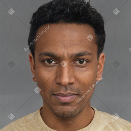Neutral latino young-adult male with short  black hair and brown eyes