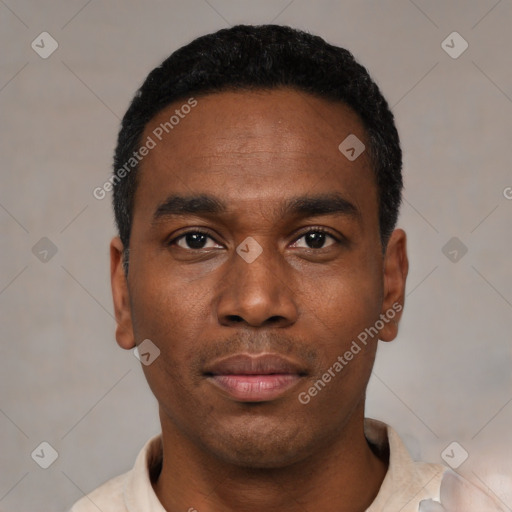 Neutral black young-adult male with short  black hair and brown eyes