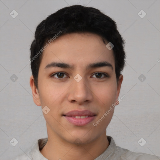 Joyful asian young-adult male with short  brown hair and brown eyes