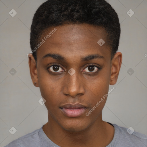 Neutral black young-adult male with short  black hair and brown eyes