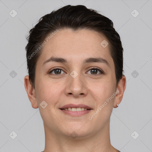 Joyful white young-adult female with short  brown hair and brown eyes