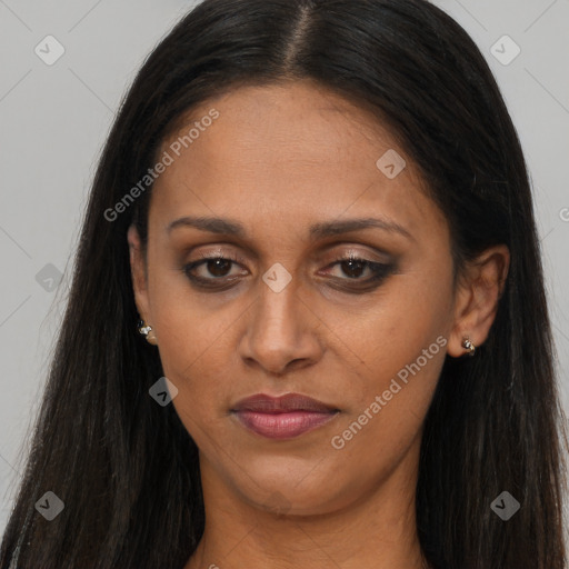 Joyful asian young-adult female with long  brown hair and brown eyes