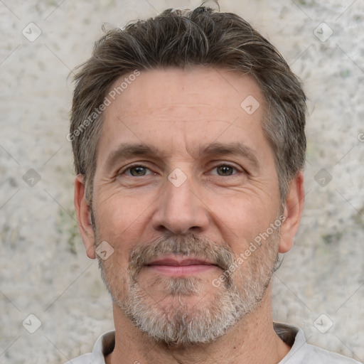 Neutral white middle-aged male with short  brown hair and grey eyes