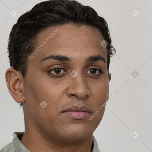 Neutral white young-adult male with short  brown hair and brown eyes