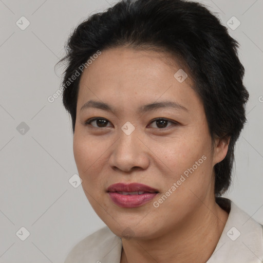 Joyful white adult female with short  brown hair and brown eyes