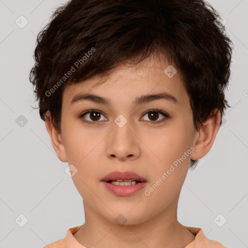 Neutral white young-adult female with short  brown hair and brown eyes